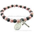Womens Teens Girls Catholic Gift 6MM Hematite Pink Imitation Pearl Bead Miraculous Medal Crucifix Charm 7\" Stretch Rosary Bracel